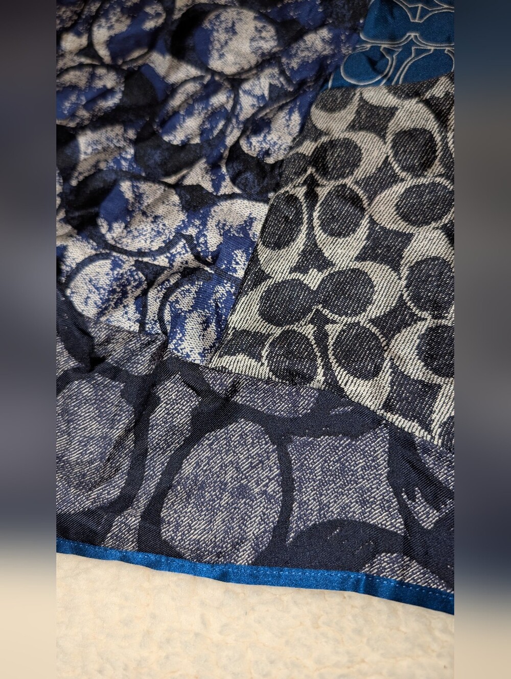 Coach Crystal Logo Patchwork Patterned Square Scarf Multi-Print  Blue Black VGUC - Picture 10 of 11